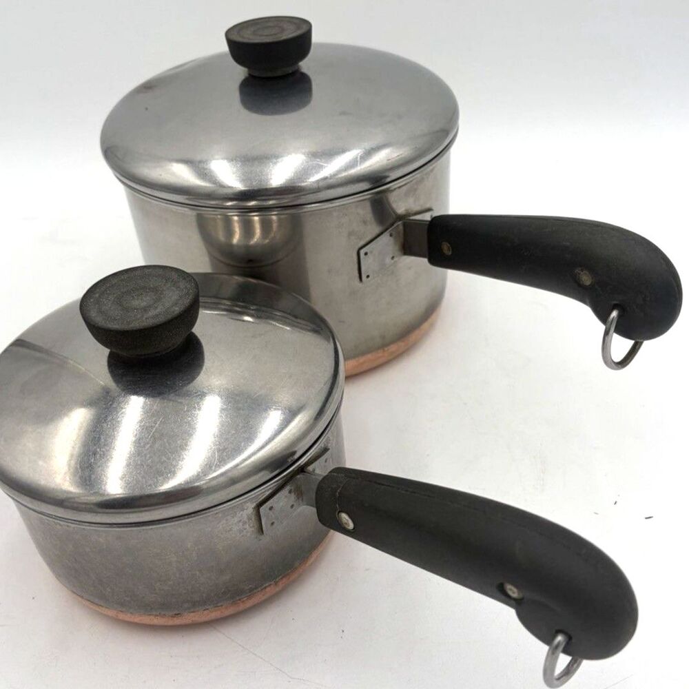 Vintage Revere Ware 4 Pc Copper Clad Saucepan Set 1 Qt 2 Qt w/Lids USA Patent